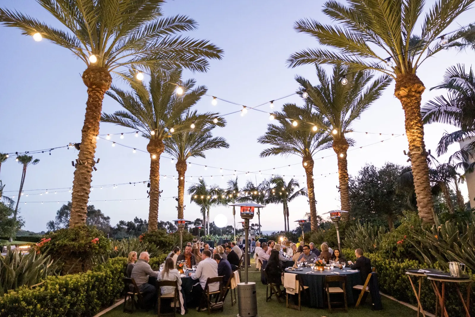 Outdoor dinner under palm trees on a franchise incentive trip in Carlsbad, California, planned by GoGather