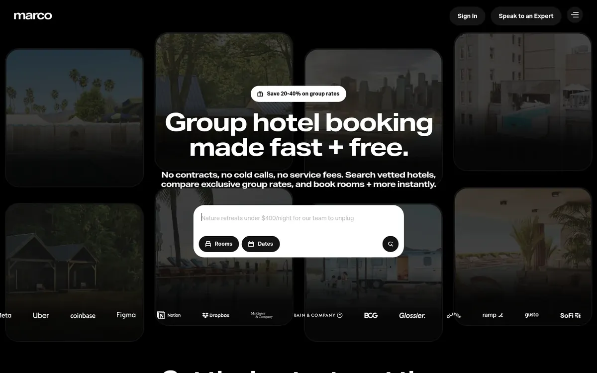 The Marco Experiences homepage shows the headline "Group hotel booking made fast + free." in bold white type on a black background, above a search box with Rooms and Dates buttons. Darkened hotel and venue photos sit in a grid behind the text, and a row of white customer logos runs across the lower part.