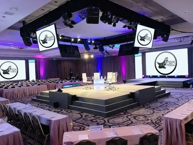 Ballroom stage in the round with overhead screens