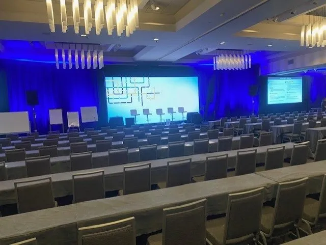 Conference room set classroom style facing two presentation screens