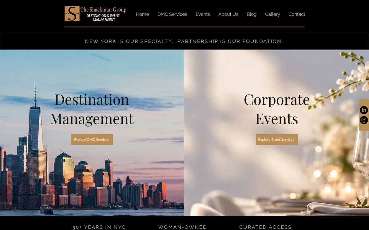The Shackman Group homepage with a gold S wordmark and the line New York is our specialty. Partnership is our foundation, above two panels: Destination Management over a lower Manhattan skyline at dusk and Corporate Events over a softly lit table setting