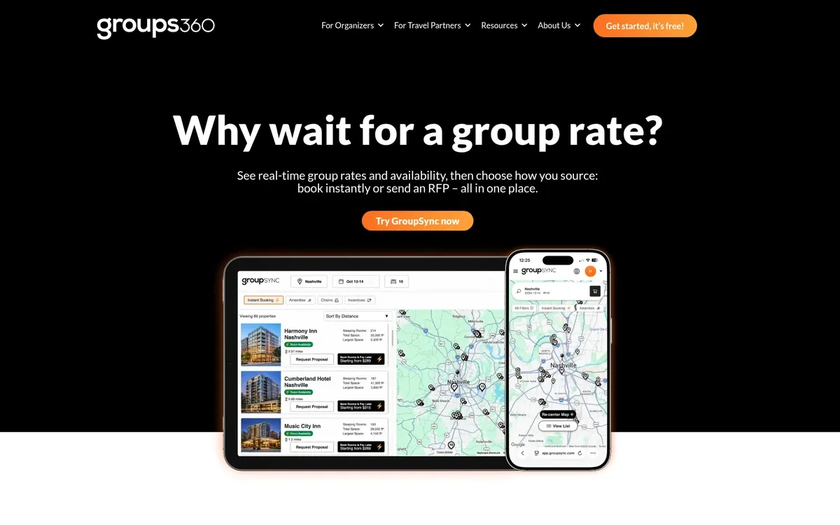 The Groups360 homepage shows the headline "Why wait for a group rate?" on a black background, with an orange "Try GroupSync now" button. Below it, laptop and phone mockups show GroupSync hotel listings for Nashville next to a map with property pins.