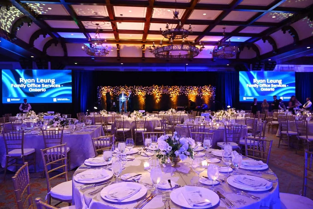 Ballroom set with round banquet tables and screens flanking the stage