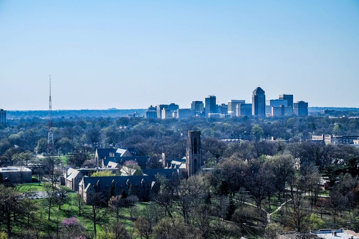 The Clayton skyline rising above trees and neighborhoods.