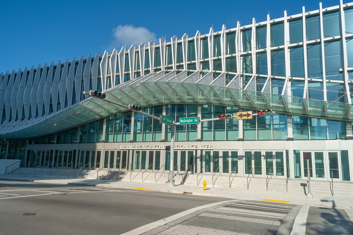The glass and steel facade of the Miami Beach Convention Center.