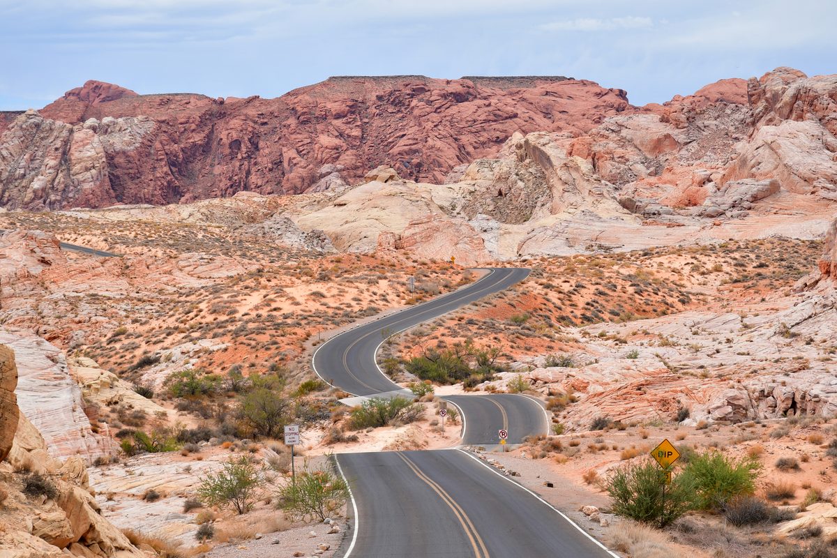 A winding road through the red rock formations of Valley of Fire State Park.