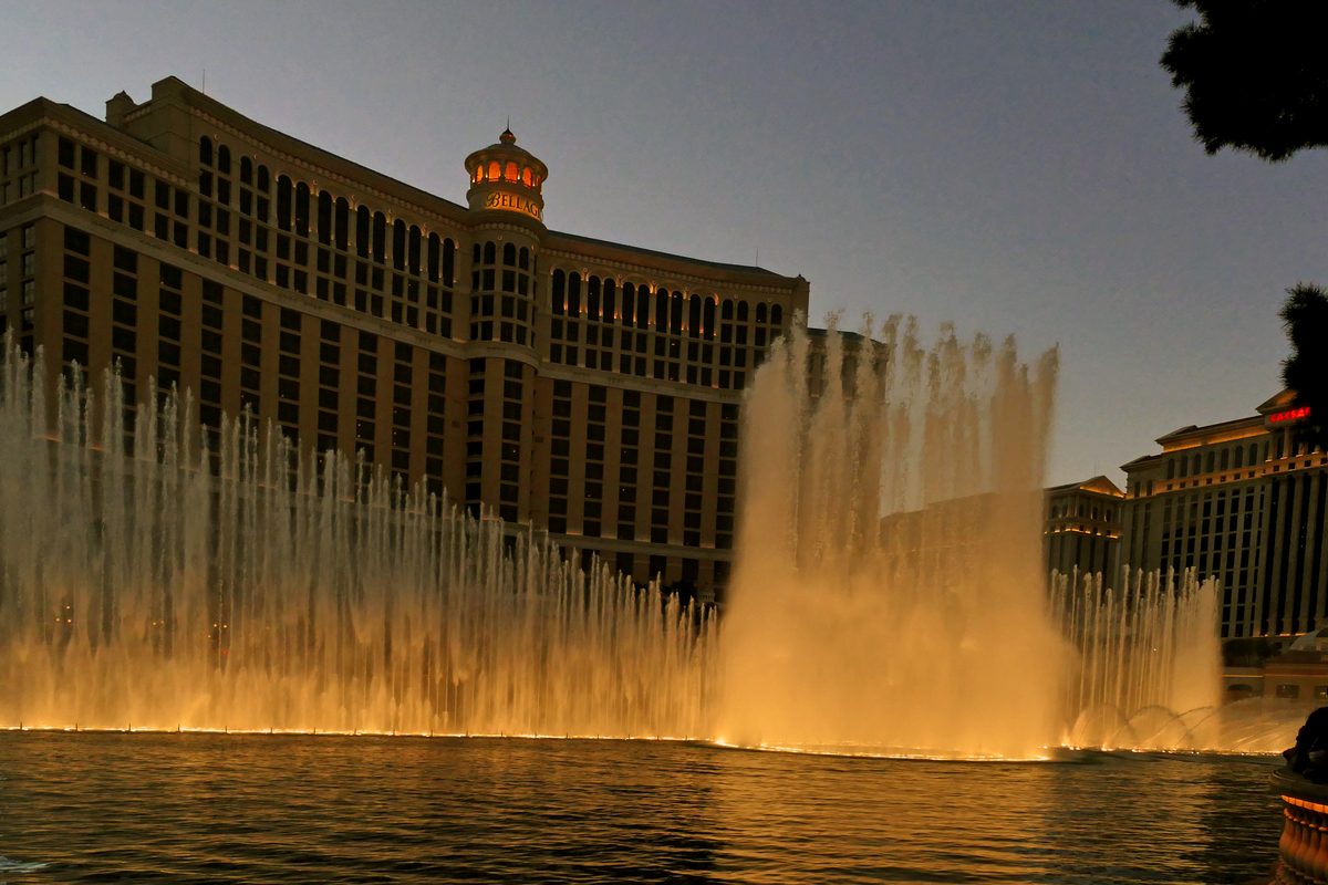 The Bellagio fountains and hotel along the Las Vegas Strip.