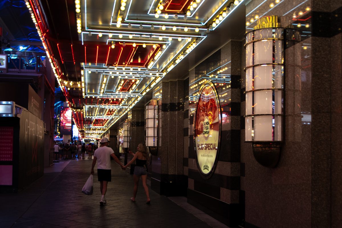 Neon signs and canopy lights along the Fremont Street Experience.