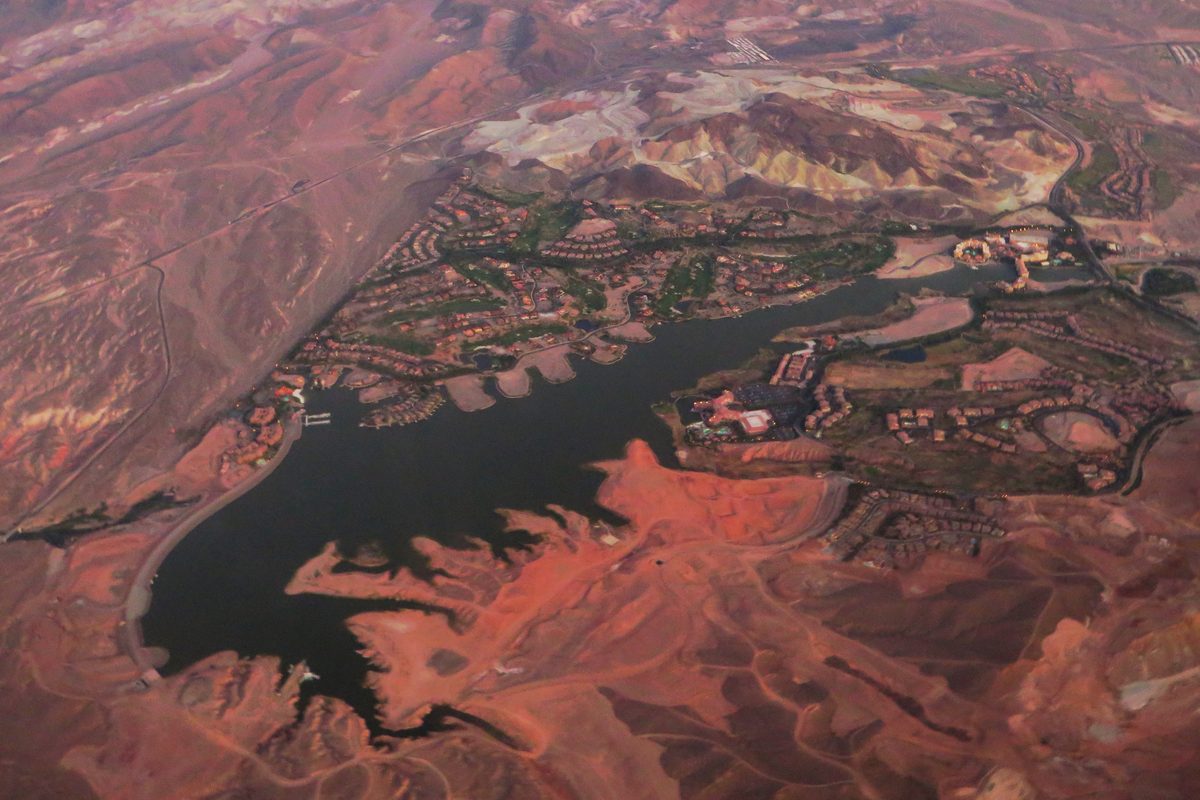 An aerial view of Lake Las Vegas in Henderson, with desert hills around it.