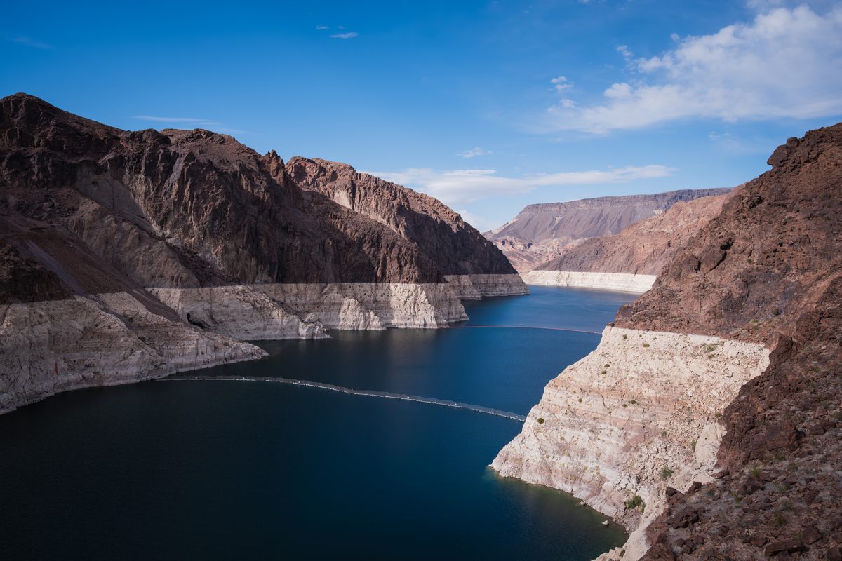 Lake Mead in Black Canyon, with rock walls on both sides.
