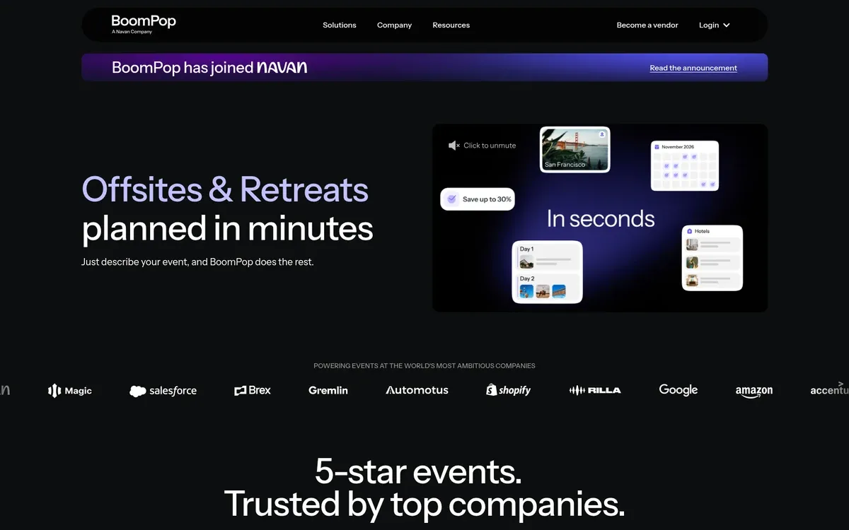The BoomPop homepage shows the headline "Offsites & Retreats planned in minutes" on a black background, with a purple "BoomPop has joined Navan" banner above it. On the right, a product preview shows floating cards for San Francisco, a November 2026 calendar, hotels and a day-by-day plan around the words "In seconds", with a row of customer logos underneath.