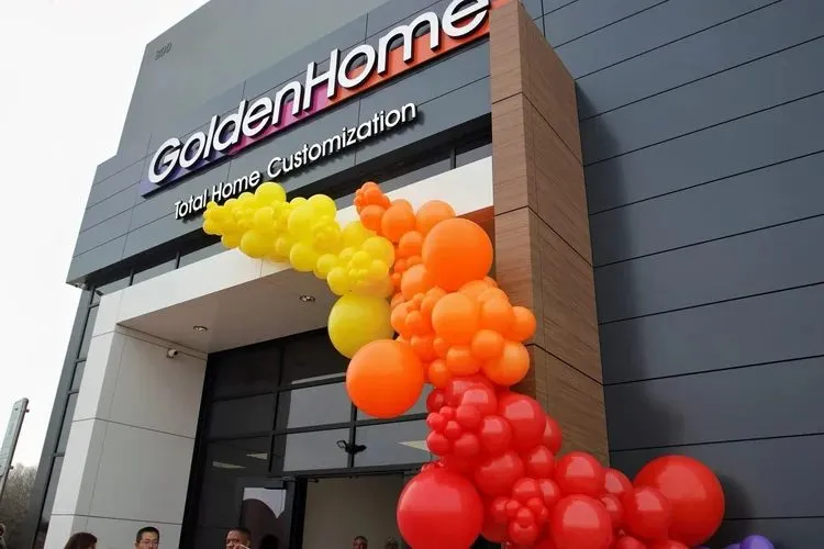 Balloon arch at the entrance of a company store opening