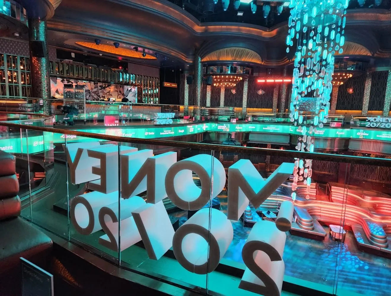 Money20/20 lettering installation at an evening venue