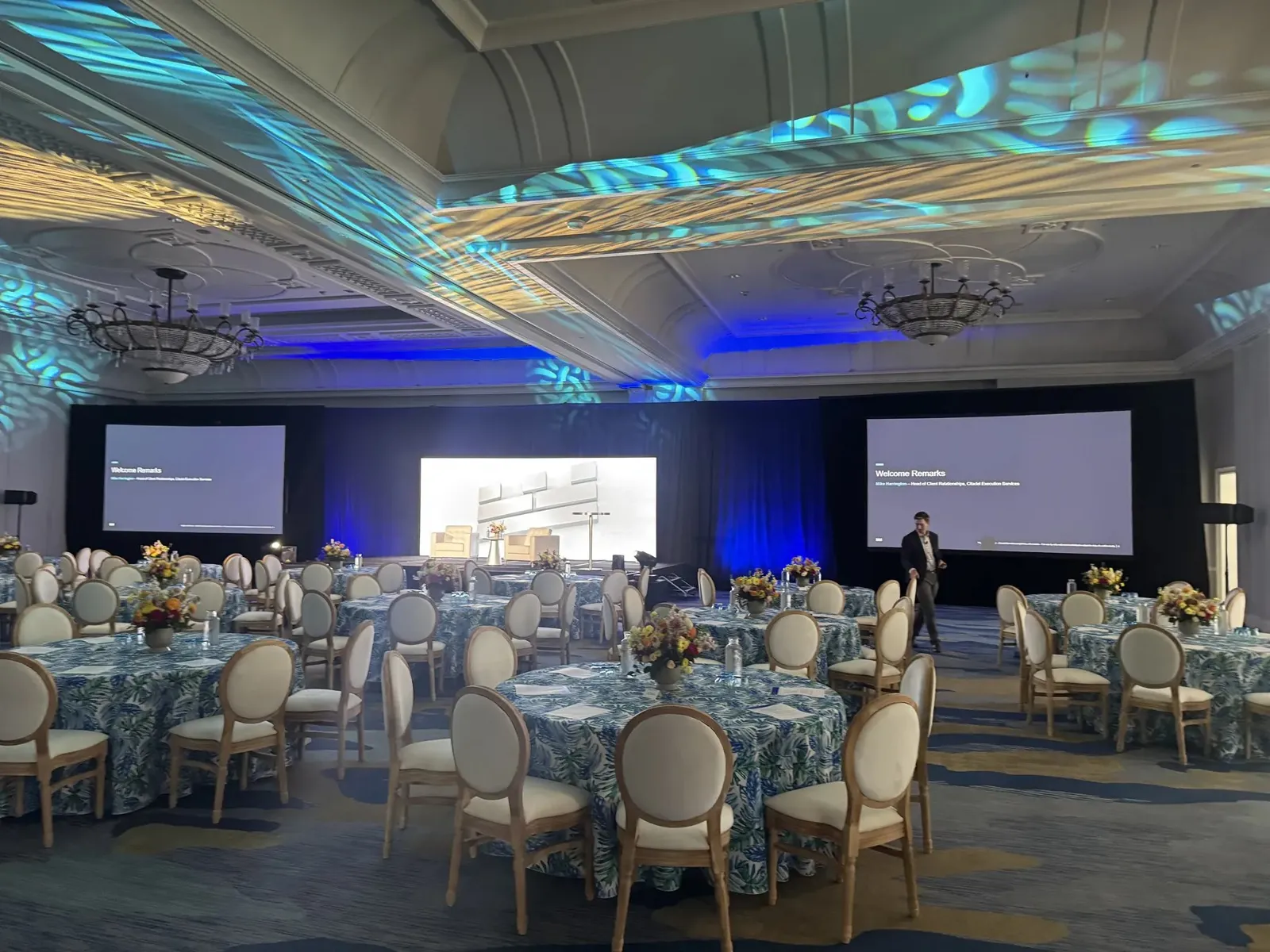 Citadel event ballroom with screens and patterned lighting at the Ritz-Carlton Key Biscayne