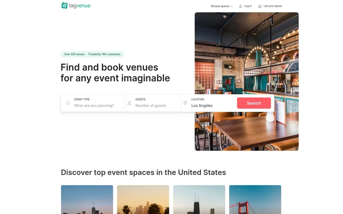 The Tagvenue homepage shows the headline "Find and book venues for any event imaginable" above a search bar for event type, guests and location with a coral "Search" button. A photo on the right shows an empty industrial-style bar with wooden tables and hanging lights, and a "Discover top event spaces in the United States" row starts below.