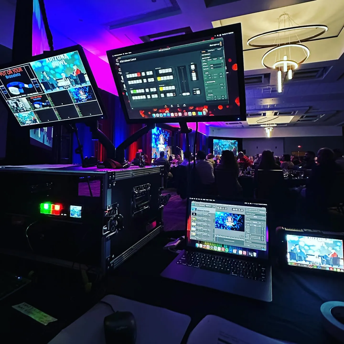 Video control desk running the Arizona Bowl luncheon in a hotel ballroom, October 2023