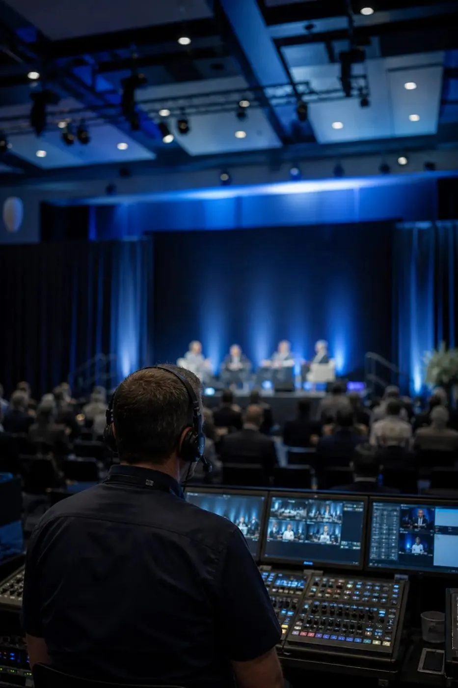 Production control desk looking toward a lit stage with a panel discussion