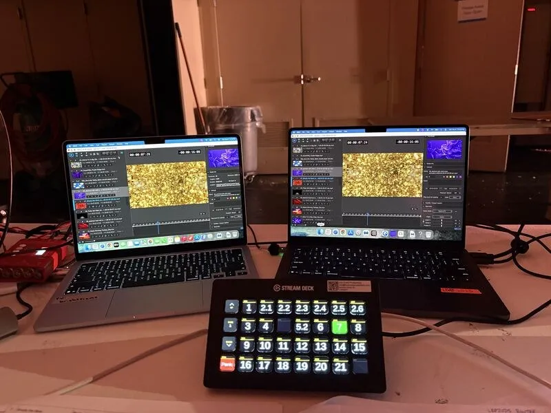 Video playback laptops and a Stream Deck controller at a show position