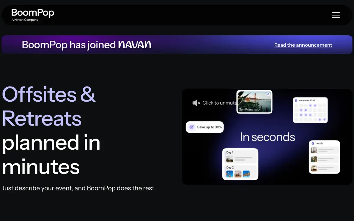 BoomPop homepage hero on a dark background with a banner reading BoomPop has joined Navan, the headline Offsites & Retreats planned in minutes, the line Just describe your event, and BoomPop does the rest, and a preview panel reading In seconds with itinerary, calendar and hotel cards