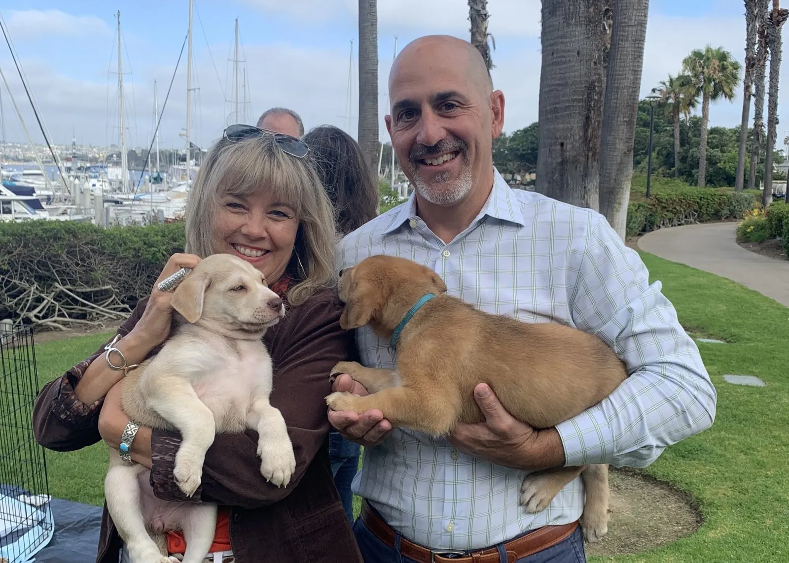 Two guests holding puppies on a lawn by a marina at a company event