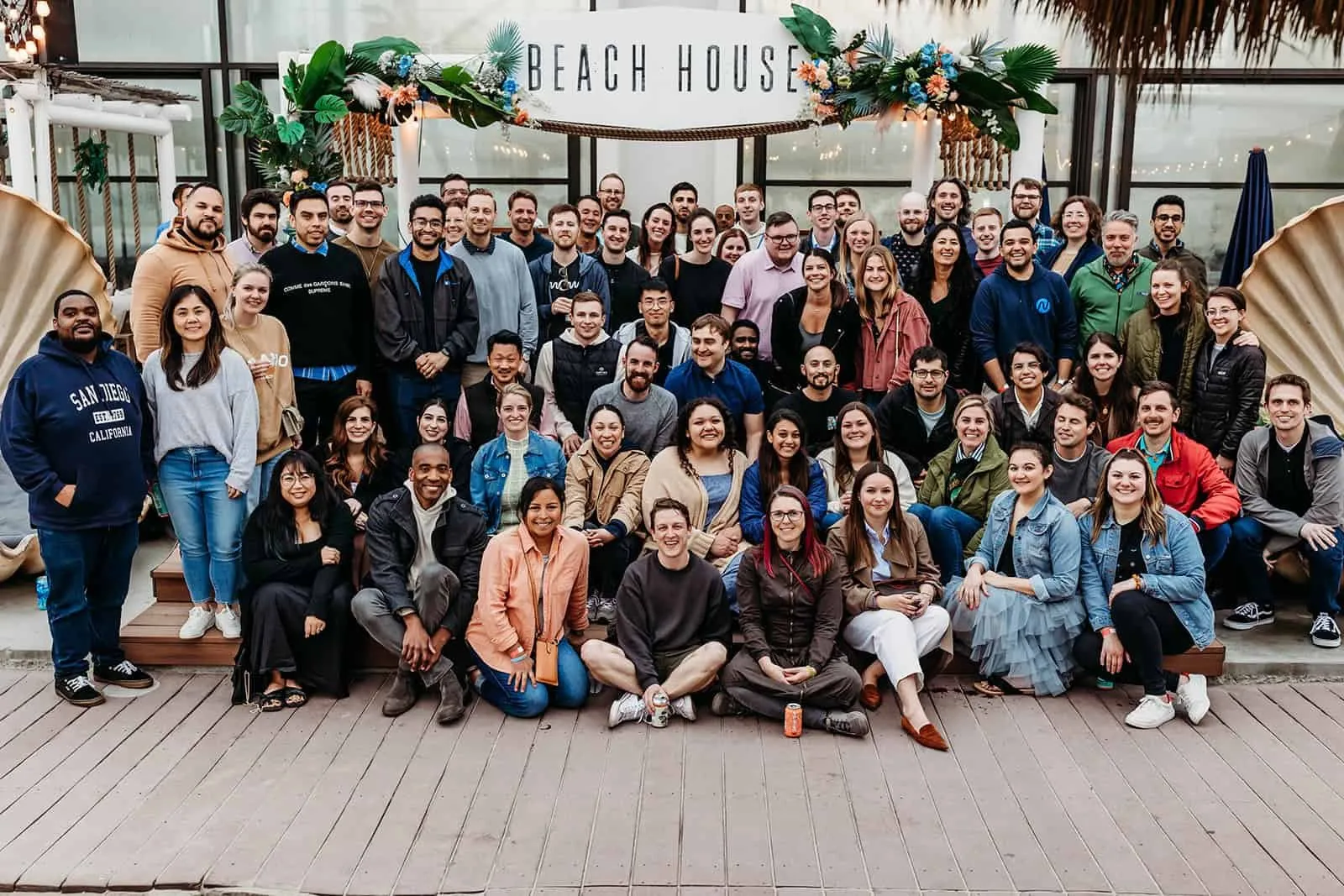 NOYO team group photo on a wooden deck during the San Diego company retreat