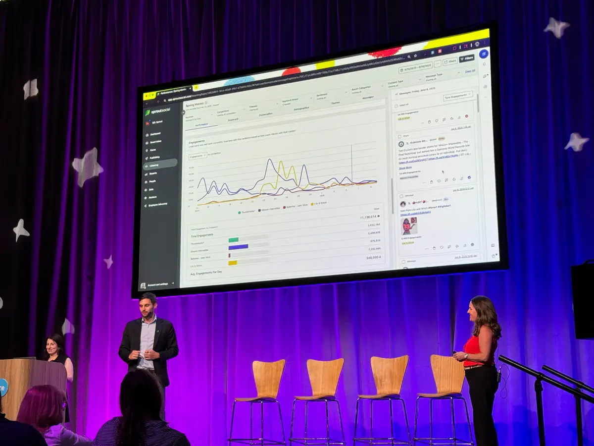 Two people presenting at an industry conference