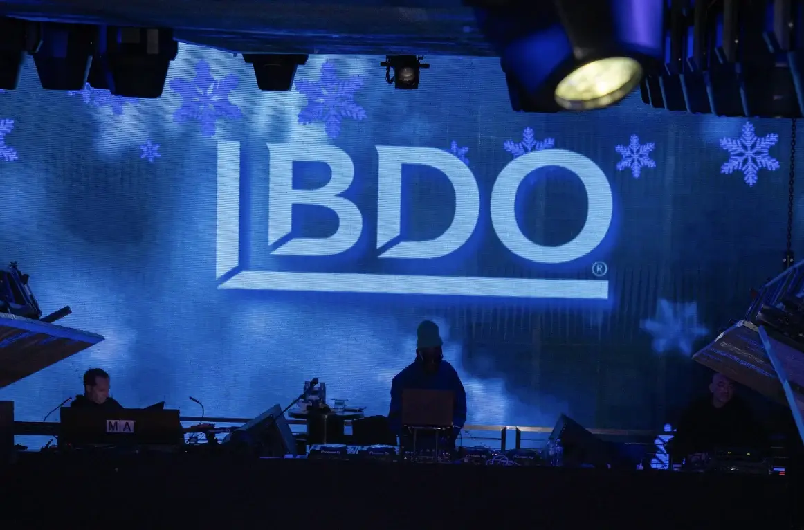 BDO corporate event stage with blue LED logo
