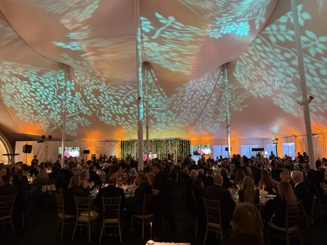 Guests seated under a tent with patterned lighting