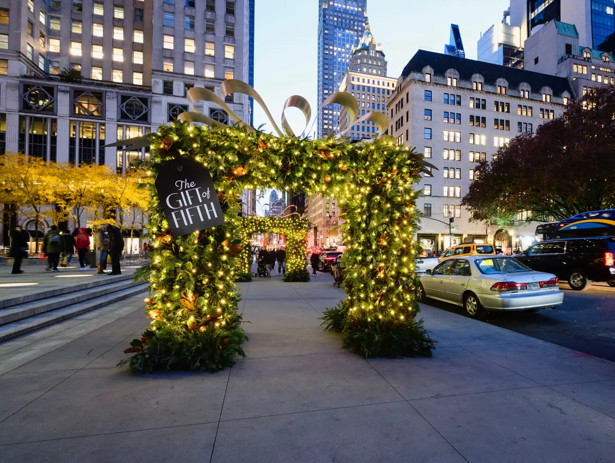 Holiday light arch activation on a city street