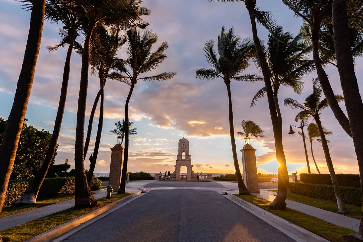 Palm trees along the street leading to Worth Avenue in Palm Beach, Florida.