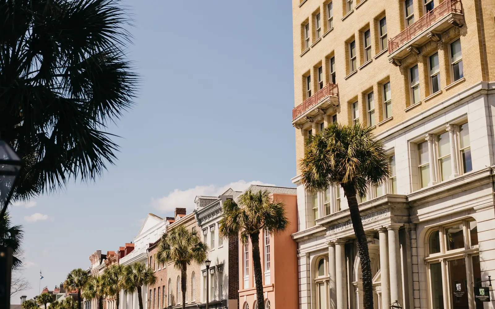Palm trees and historic facades along a sunny Charleston street.