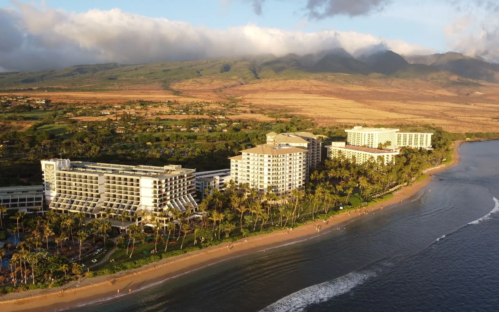 Beachfront resort hotels along the Maui coast, with mountains behind them.
